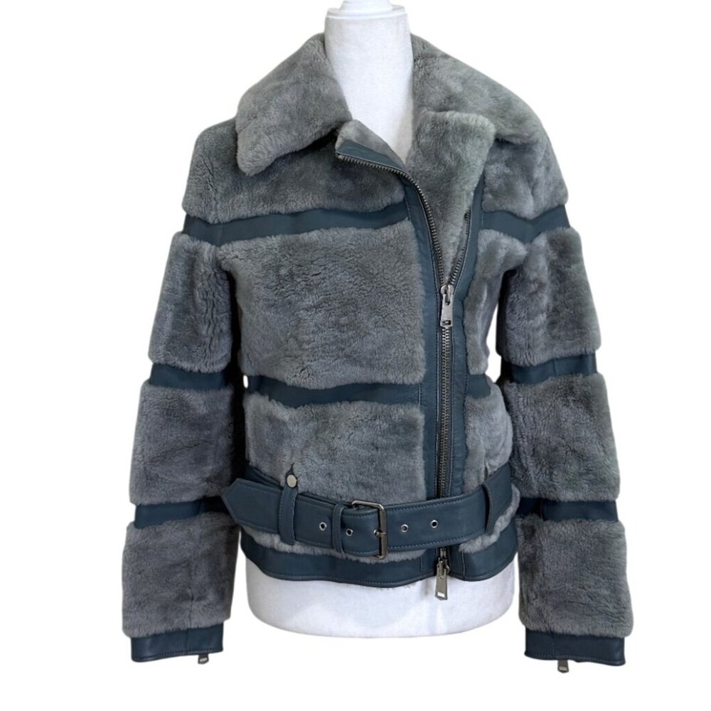 Reiss Ellie Anthracite Leather Shearling Jacket Belt Zipper Detail Gray Size XS